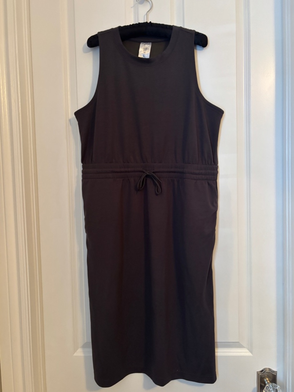 Serra - Women’s Black Sleeveless Drawstring Soft, Black Midi Dress. Size L